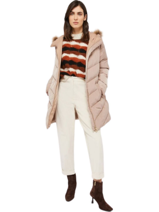 Scurtă Jachetă de femei Puffer cu glugă de blană Beige