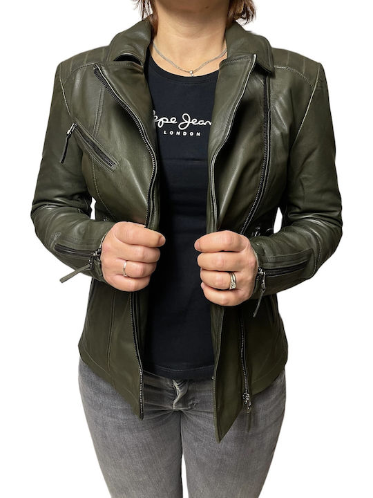 Δερμάτινο Γυναικείο Biker Jacket Χακί