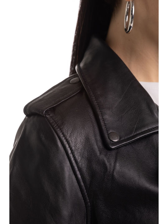 Women's Short Lifestyle Leather Jacket for Winter BLACK