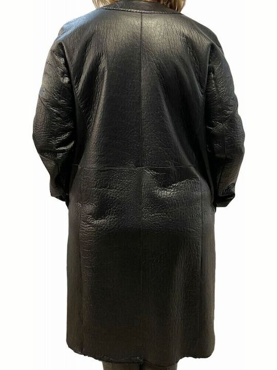 Mouton Damen Schwarz Mantel mit Fellbesatz