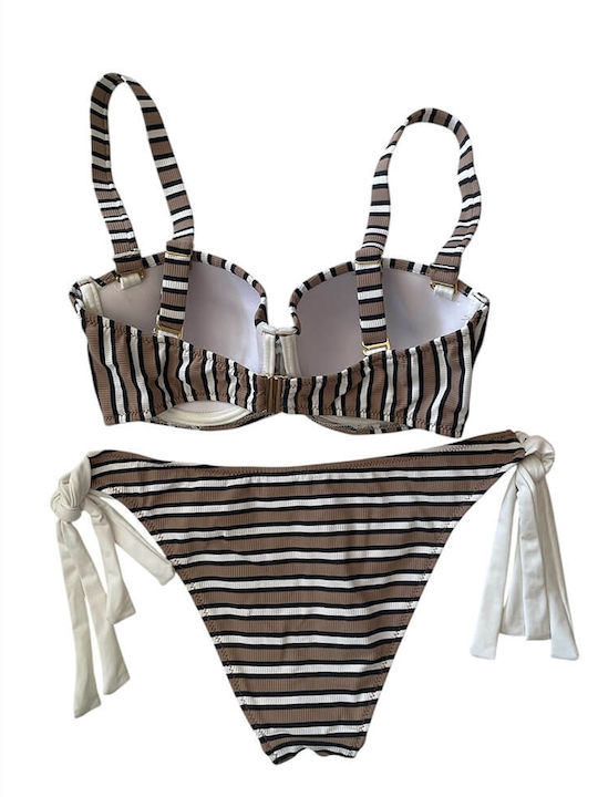 Underwire Bikini Set Strapless Top & Slip Bottom with Detachable Straps Striped