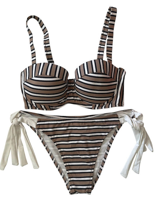 Underwire Bikini Set Strapless Top & Slip Bottom with Detachable Straps Striped