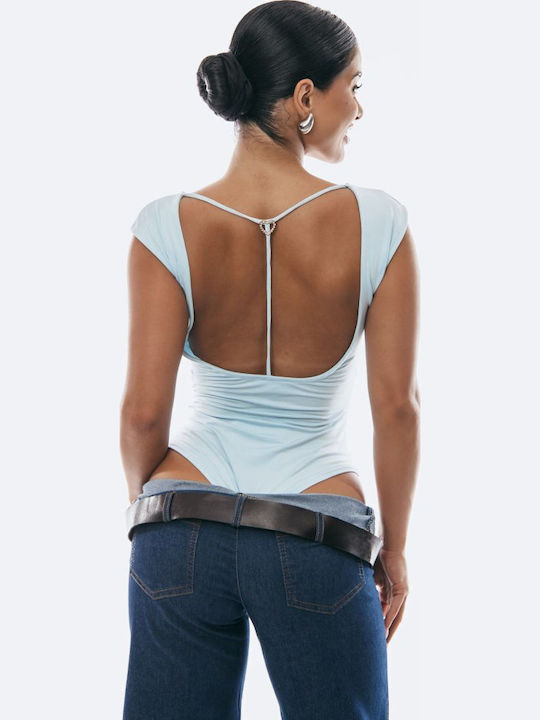 Bodysuit Open Back Rhinestones Sky Blue One Size