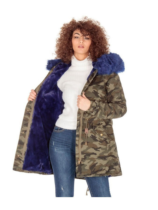 Lang Damen Parka Jacke mit pelziger Kapuze für Winter Blue prk-37249 (armbl)