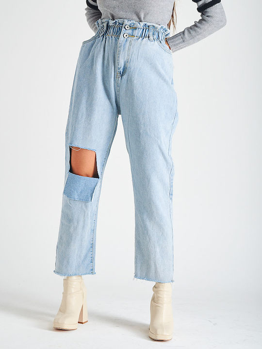 High Waist Women's Jean Trousers with Rips in Wide Line