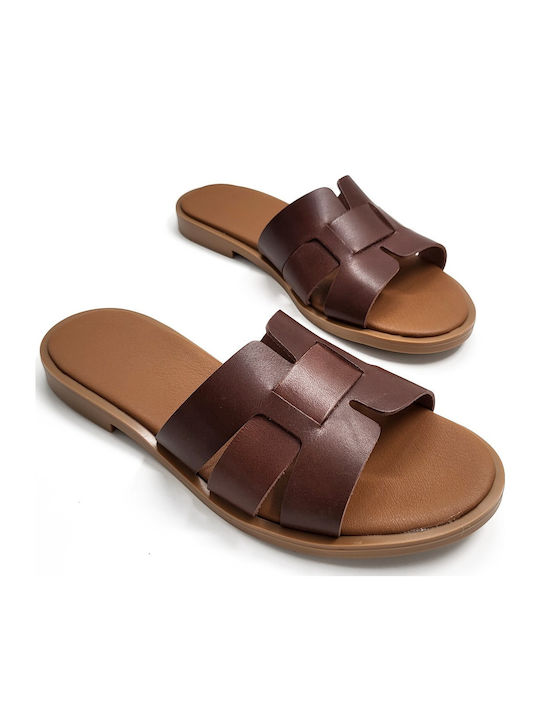 Leather Women's Flat Sandals in Brown Color