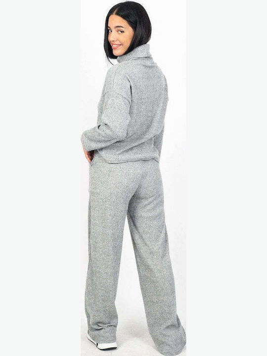 Set Pulover Tricotat Cu Guler Înalt Pantaloni Gri Melanj