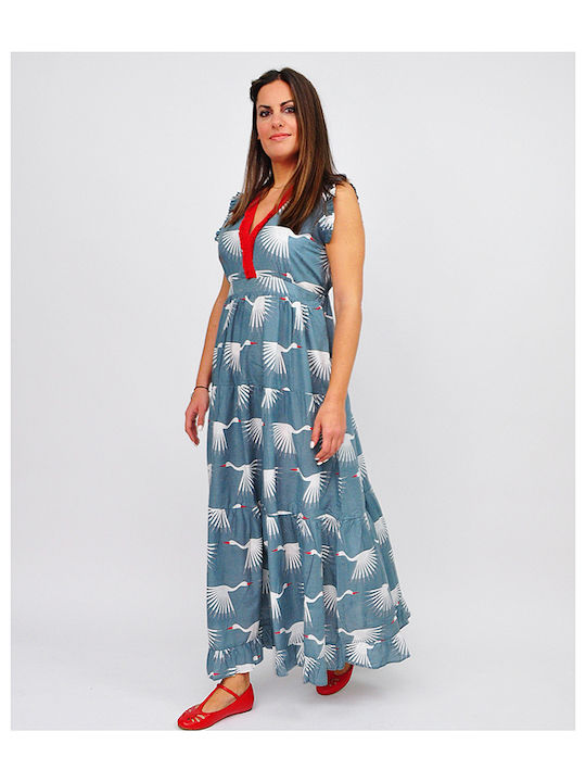 Damen Maxi Ärmelloses Kleid Handgefertigt 100% Baumwolle Blau