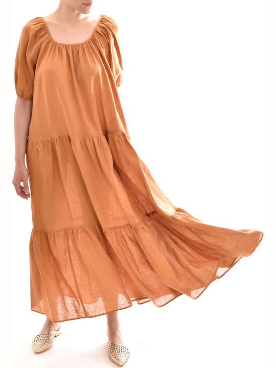 Milla Long Frilled Linen Dress Puffed Sleeves-chocola Καφέ S22m-130261-010
