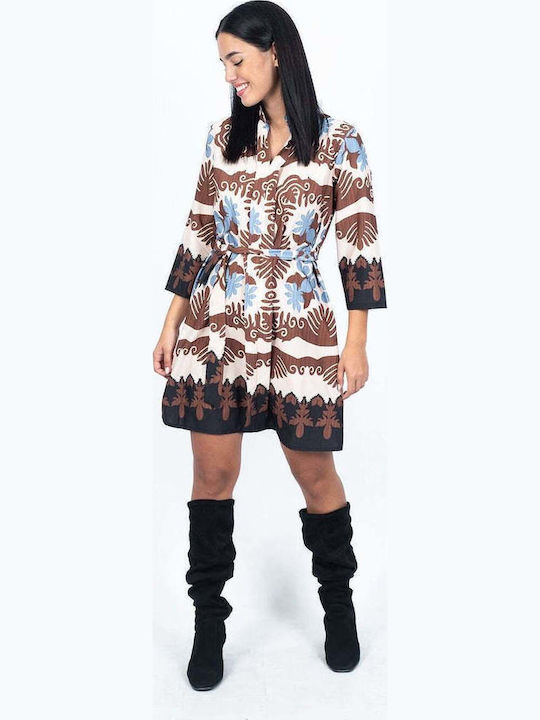 Jacquard Mini Dress with Brown Belt