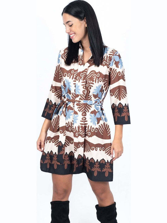 Jacquard Mini Dress with Brown Belt