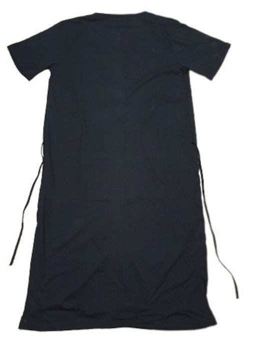 Robe Short Sleeve Jersey Buttons Down 100% Cotton Pockets Belt Black