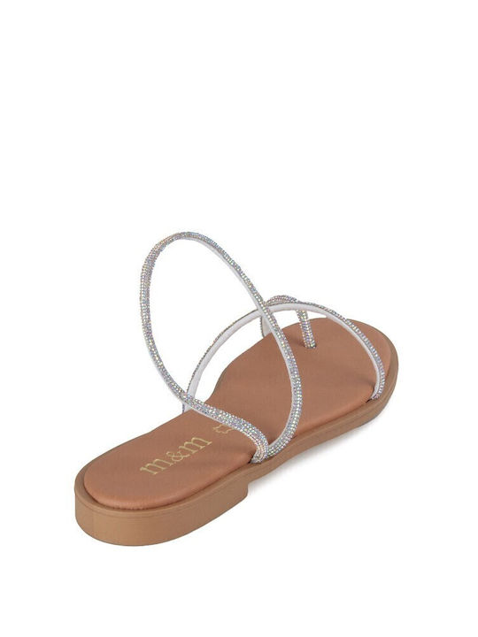 Ασημί Δερμάτινο Χειροποίητο Flat Σανδάλι Strass