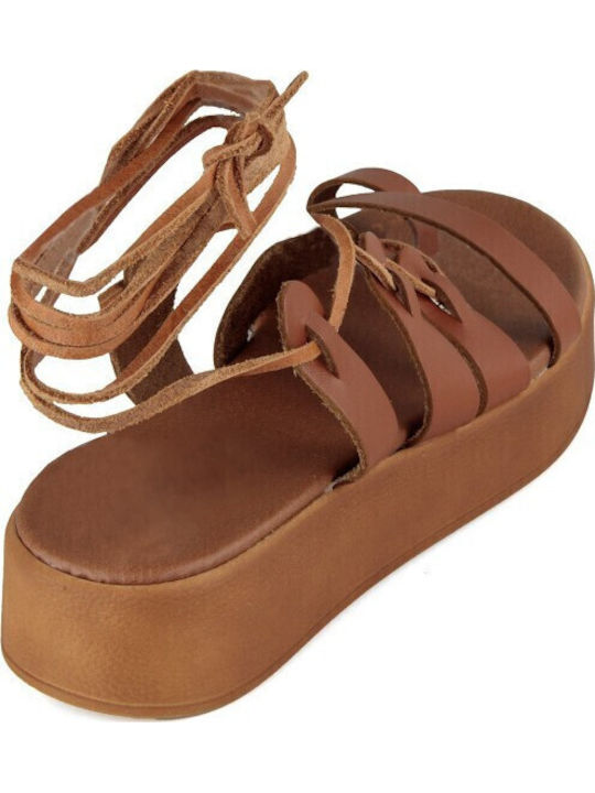 Camel Δερμάτινο Χειροποίητο Flatform Σανδάλι Λουράκια