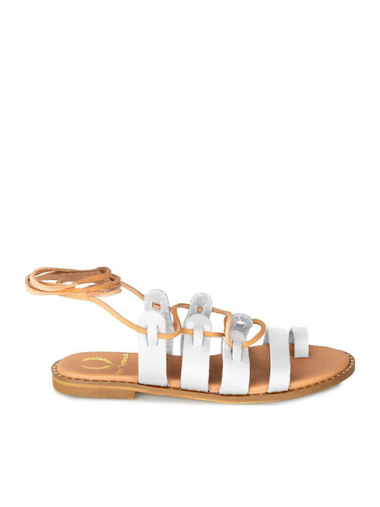 Sandale Casual Damă din Piele Albă Handcrafted cu Șireturi și Bile