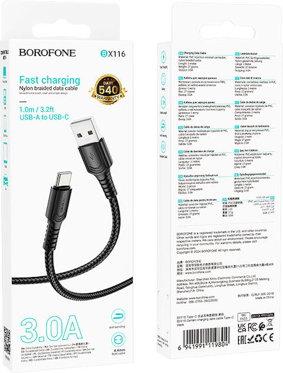 Borofone Regular USB 2.0 Cablu USB-C bărbătesc - USB-A 18W Negru 1m (tt100627)