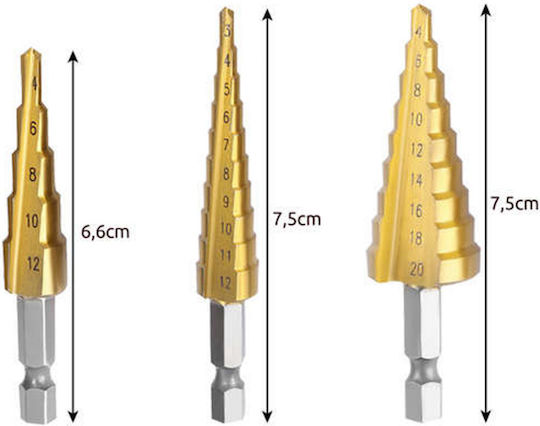 Set 3 Burghie Conice în Trepte Idealstore Oțel HHS Cozi de 6 mm Dimensiuni 4-12mm 3-12mm 4-20mm Include o Cutie de Depozitare Durabil și de Lungă Durată