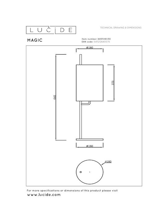 Lucide Lightning Magic Πορτατίφ για Ντουί E27 με Λευκό Καπέλο και Μαύρη Βάση