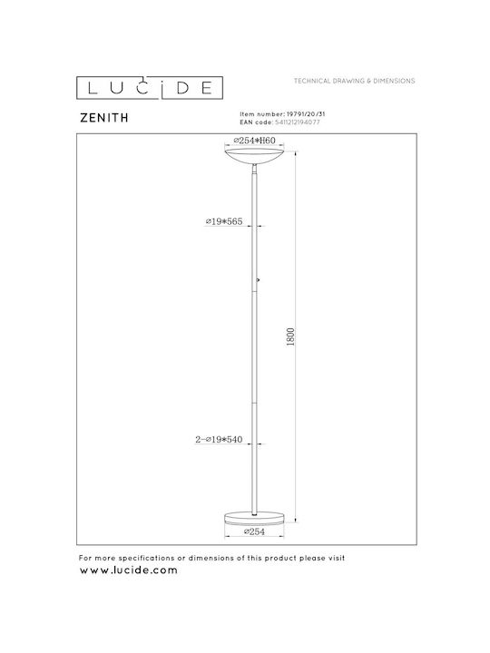 Lucide Lightning Zenith LED Подова Лампа В180xД25.4см. Бял