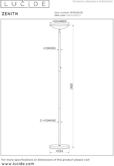 Lucide Lightning Zenith LED Stehleuchte H180xB25.4cm. mit Warmweißem Licht Weiß