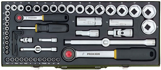 Proxxon Set de chei tubulare și clichet 1\4" & 1\2" 56buc