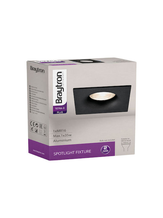 Braytron Τετράγωνο Μεταλλικό Χωνευτό Σποτ Μαύρο 8.9x8.9εκ. 1τμχ