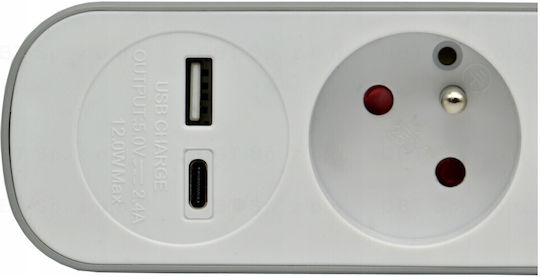 Plastrol Power Strip 5 Positions with 1 USB-A, 1 USB-C, Switch and Cable 3m