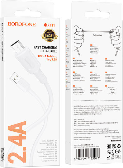 Borofone Regular USB 2.0 to micro USB Cable Λευκό 1m 1τμχ