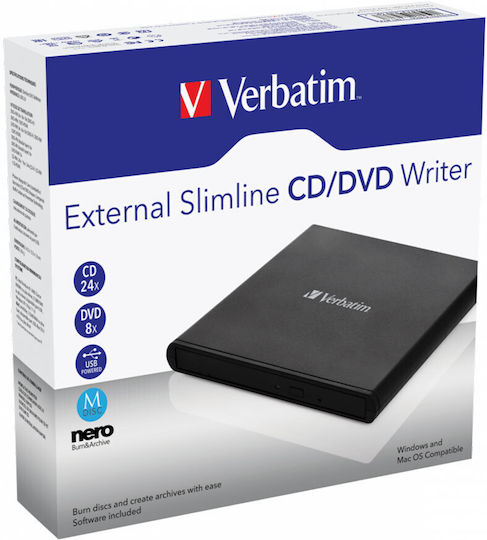 Verbatim External Slimline External DVD/CD Recorder for Desktop / Laptop Black