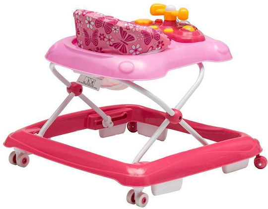 Interactive Walker Idl First Step Foldable Babies Musical Panel Adjustable Height Lockable Rear Wheels Anti-fall Safety System Child Pink Color