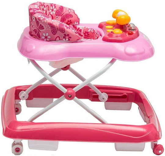 Interactive Walker Idl First Step Foldable Babies Musical Panel Adjustable Height Lockable Rear Wheels Anti-fall Safety System Child Pink Color