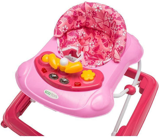 Interactive Walker Idl First Step Foldable Babies Musical Panel Adjustable Height Lockable Rear Wheels Anti-fall Safety System Child Pink Color