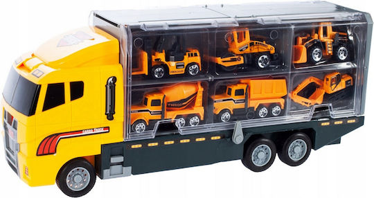 Camion Interactiv cu Remorcă Idealstore Galben Mare Dimensiuni 35 X 9.5 X 15.5 Cm Echipat cu 6 Vehicule de Construcție care Oferă Ore de Distracție și Divertisment