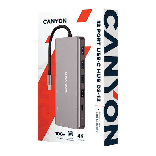 Canyon USB-C Docking Station with HDMI 4K PD Ethernet and Support for 3 Monitors Gray (CNS-TDS12)