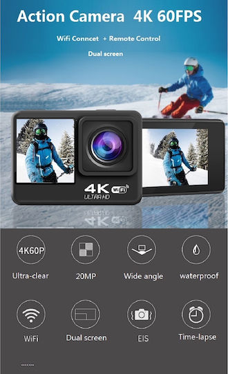 idl-Q60AR 128GB Cameră de Acțiune 4K Ultra HD Subacvatică (cu Carcasă) cu Ecran 2" și Wi-Fi Neagră