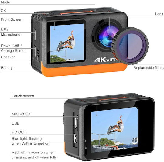 idl-Q80TR 32GB Cameră de Acțiune 4K Ultra HD Subacvatică (cu Carcasă) cu Ecran 2" și Wi-Fi Neagră