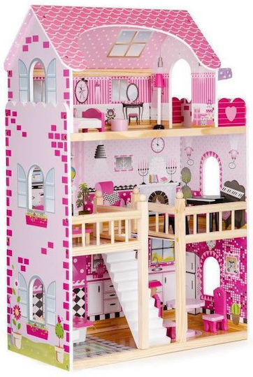 Căsuță de joacă pentru copii Bigshot Bs6391pink 3 nivele 5 camere baie bucătărie terasă lumini LED 17 piese de mobilier 90 x 59 x 30 cm roz