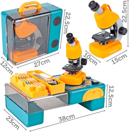 Microscop Științific Multifuncțional pentru Copii Idealstore Dimensiuni 16 X 10 X 22.5 Cm Include 3 Lentile de Mărire Numeroase Accesorii Iluminare cu Lumină LED Înălțime Reglabilă Cutie de Transport