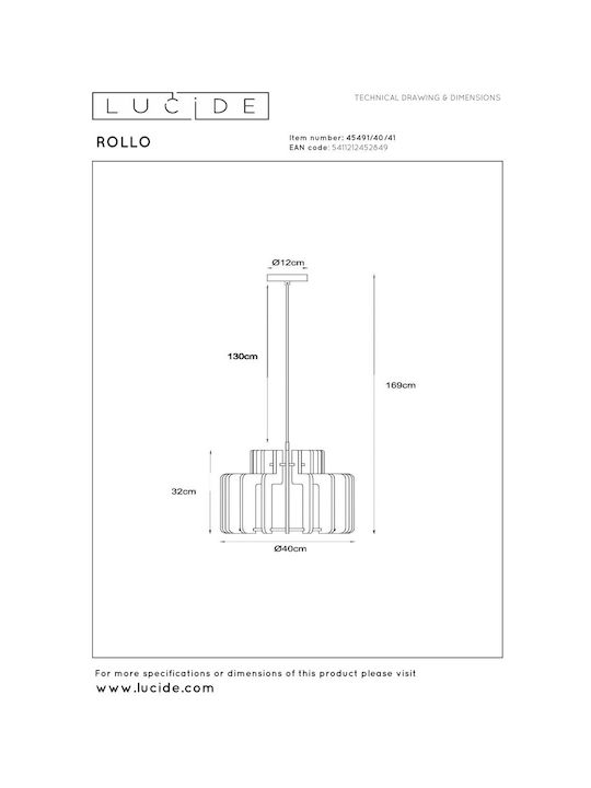Lucide Lightning Rollo Κρεμαστό Φωτιστικό Καφέ με Ντουί E27 40x40x150εκ.