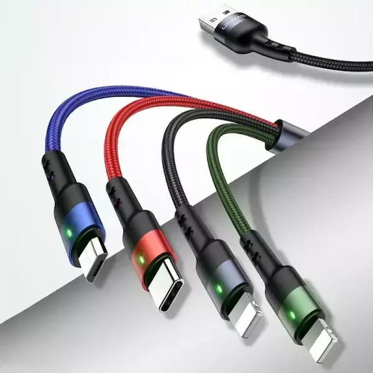 Usams Braided USB to 2x Lightning / Type-C / micro USB Cable Μαύρο 0.35m (SJ411USB01)
