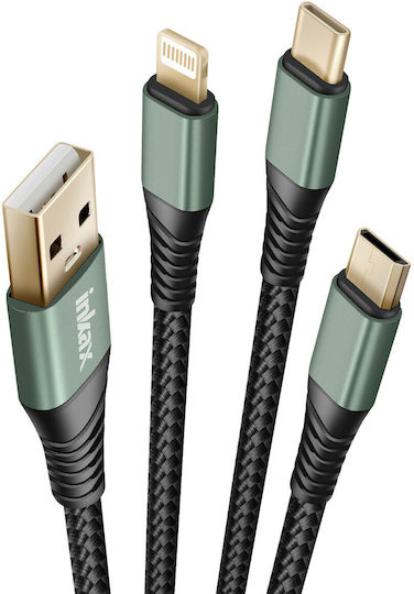 Inkax CK-135 Braided Cablu USB la Lightning / Type-C / micro USB cu mai multe porturi 2.1A Negru 1.2m