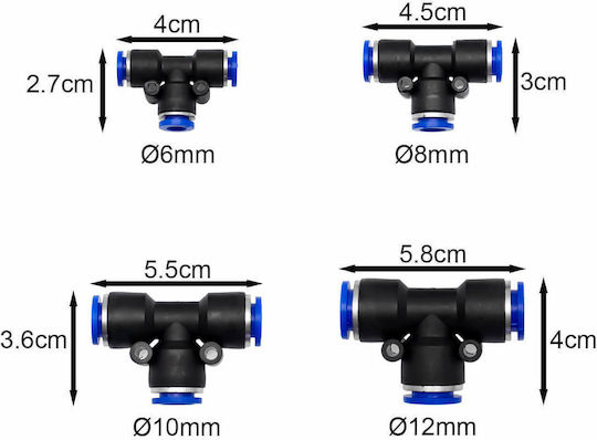 Set of Pneumatic Pipe Tee Air Connectors Pu Pe Nylon Ø6-8-10-12mm Plastic 4 Pieces W17456-0