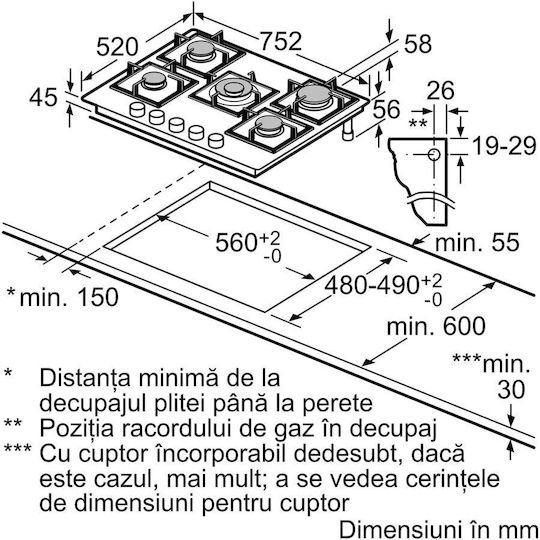 Bosch Serie 6 Plită pe Gaz Natural Autonom 75x52εκ.