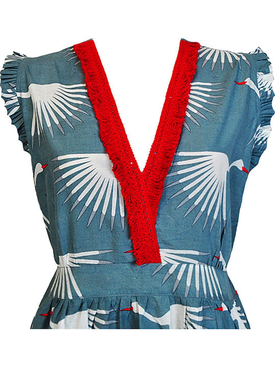 Damen Maxi Ärmelloses Kleid Handgefertigt 100% Baumwolle Blau