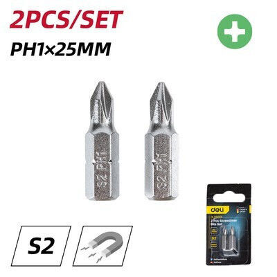 Deli Set Screwdriver Bits Dl251001 Magnetic Ph1x25mm 2 Pieces Dl251001