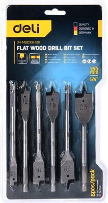 Deli Set Spade Drill Bits Dh-mbz006-ed1 Wood Carbon Steel 10 12 16 18 20 25mm Hexagon 6 Pieces Dh-mbz006-ed1