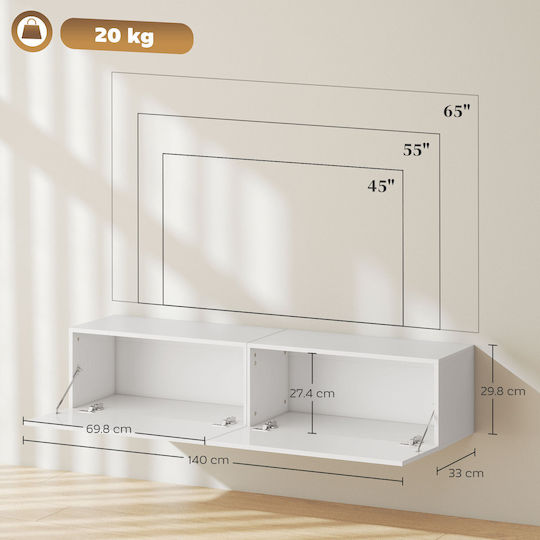 Έπιπλο Τηλεόρασης Λευκό Μ140xΠ33xΥ29.8cm