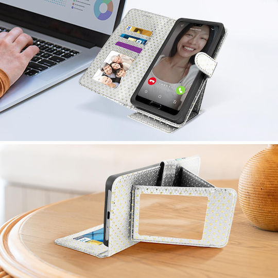 Universelle Flip Cover Brieftasche Hülle + Spiegel 5.0' 5.3' Smartphones – Silber