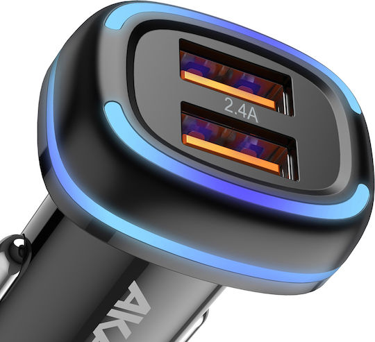 Akashi Încărcător Auto Dual USB 2.4A Încărcare Rapidă LED Strălucitor Negru