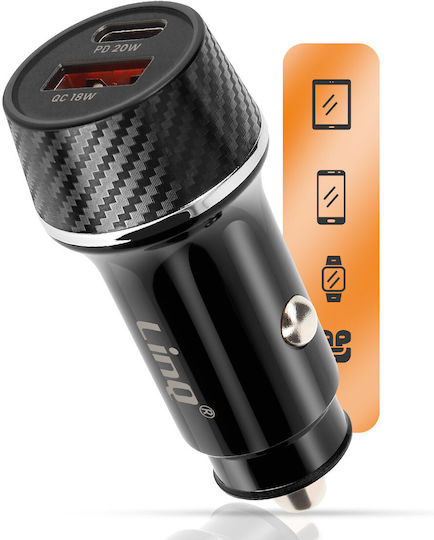 Linq Încărcător Auto 38W USB-C + USB Încărcare Rapidă Design Carbon Negru